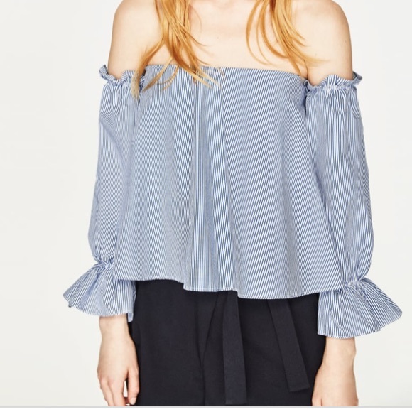 Zara Tops - Zara off the shoulder sleeve top blue and white